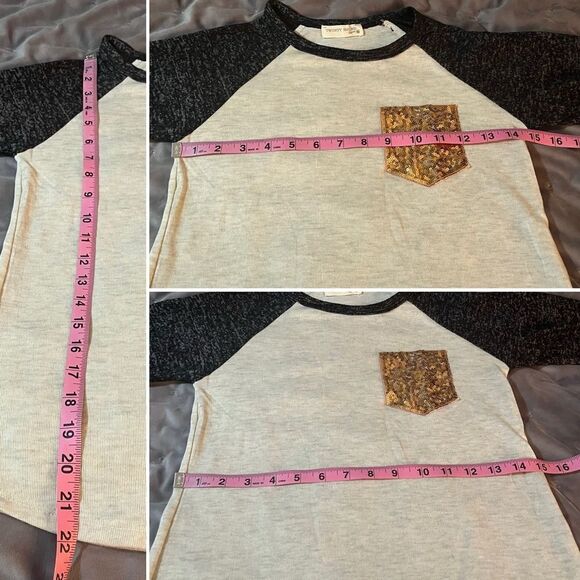 Twenty Second 22nd Long Sleeve Raglan Tee Gold Sequin Pocket Cream 10 / 11 - Picture 9 of 9